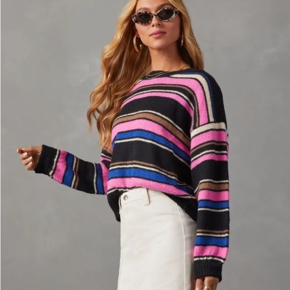Promesa Sweaters - Promesa Women’s Large Acrylic Wool Striped Multicolor Sweater Pink Blue Black